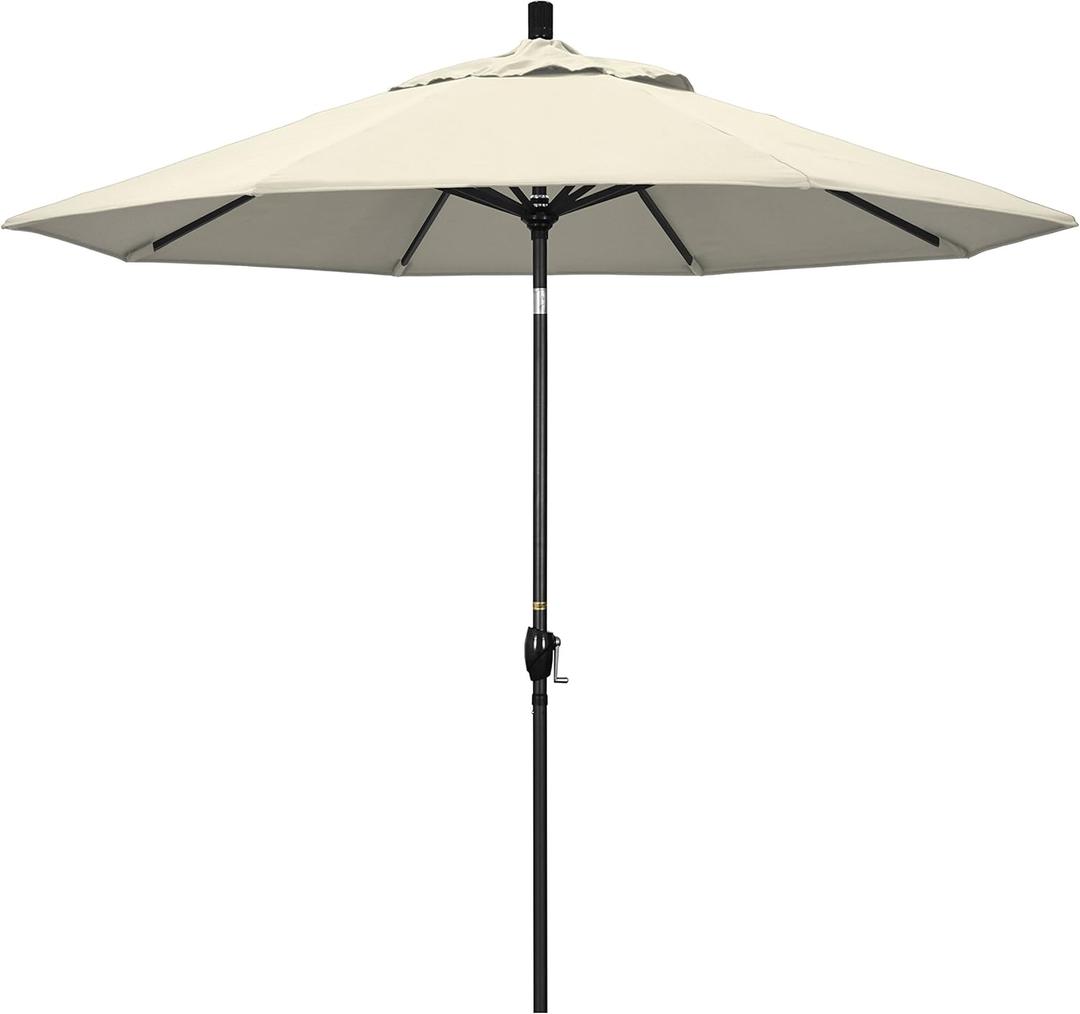 California Umbrella 9' Round Aluminum Market Umbrella, Crank Lift, Push Button Tilt, Black Pole, Antique Beige Olefin