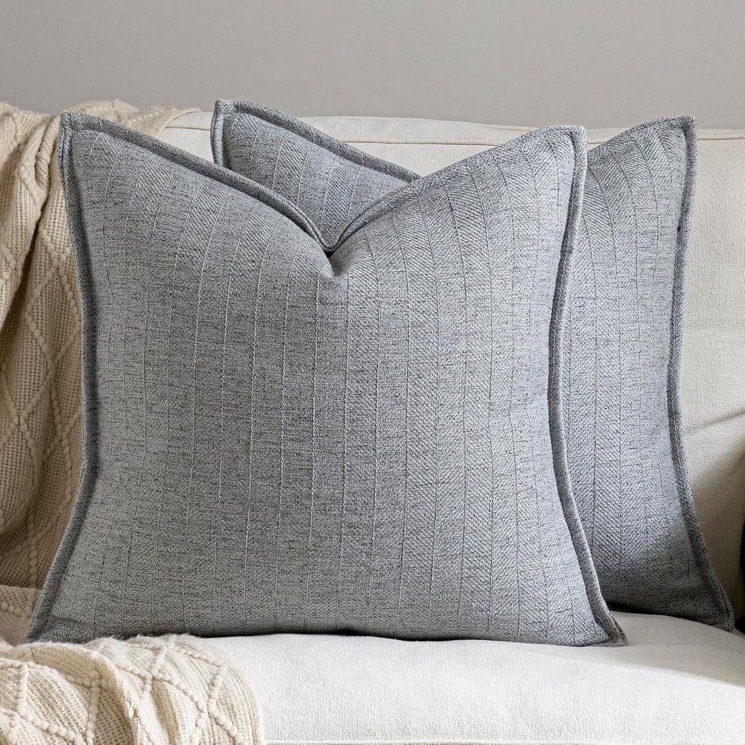 DEZENE 24x24 Linen Pillow Covers Steel Blue Pack of 2 Farmhouse Boho Neutral Accents Striped Textured Square Decorative Throw Pillow Cases for Living Room Couch Bed Home Decor