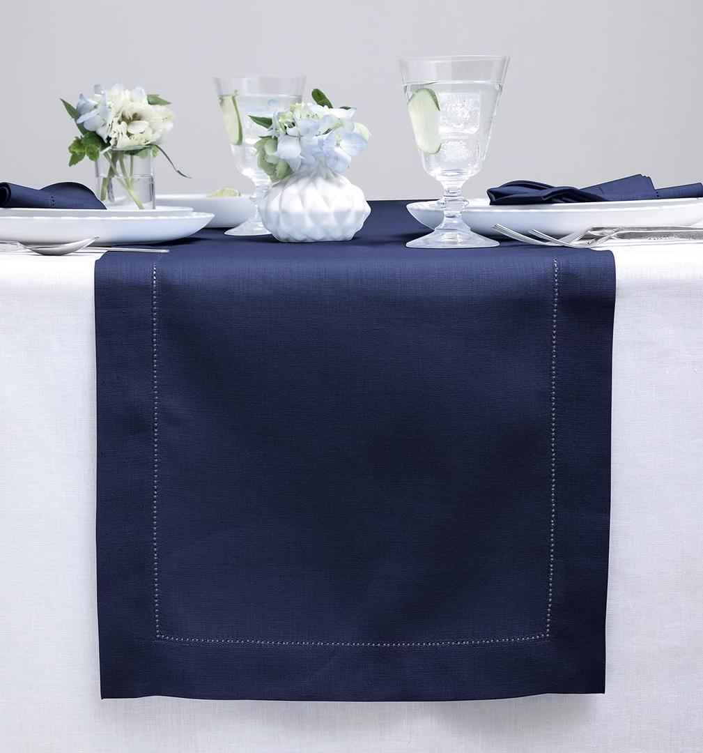Solino Home Linen Navy Blue Table Runner 48 Inches - Classic Hemstitch, 100% Pure Linen Coffee Table Runner 14 x 48 Inch Ideal for Dresser Tables - Christmas, Holiday, New Year