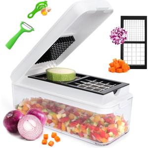 Vegetable Chopper, Multi-functional Food Chopper, 4 in 1 Onion Slicer Vegetable Cutter, Onion Chopper, Veggie Slicer, Food Chopper with Container and Lid (White) (2 Blades)