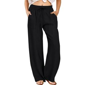 FireSwan Womens Palazzo Pants Casual Drawstring Flowy Pants Wide Leg Summer Beach Linen Trousers with Pockets, Black, Small