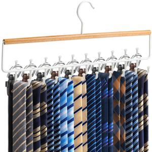 Tie Rack Hanger for Closet Upgraded 2-in-1 Tie and Belt Hanger Non Slip Tie Rack with 20 Hooks Tie Hanger Space Saving Wooden Belt Tie Organizer for Tank Tops Bras Cami Scarves, Wooden