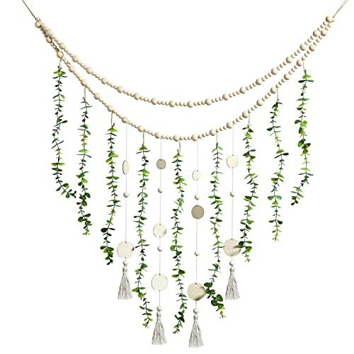 Hanging Eucalyptus Boho Wall Decor Large Boho Bedroom Wall Hanging Wooden Bead Garland Artificial Eucalyptus Natural Greenery Decoration, 36 x 36 Inch (Simple Color, Wood Chip Style)