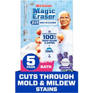 Mr. Clean Magic Eraser Sponge, Bathroom Cleaner, Shower Cleaner, Tub Cleaner, Soap Scum Remover, Bathroom Cleaning Supplies, Dawn Cleaning Power with Febreze Lavender Scent, 5ct (5 Count (Pack of 1))