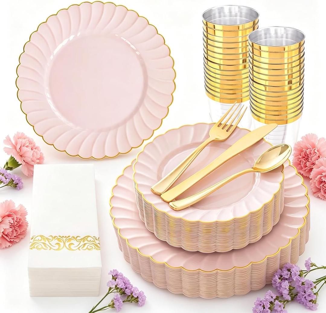 YOUBET 175PCS Pink Scalloped Plastic Plates - Gold Disposable Dinnerware Set Include 50 Plates, 75 Gold Silverware, 25 Cups, 25 Napkins for Party & Wedding & Baby Shower Mothers Day