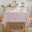 meioro Pink Rustic Table Cloth, Rectangle Textured Cotton Linen Fabric Tablecloth with Tassel, Valentines Day Farmhouse Table Cover Embroidery Stripe Tablecloths for Kitchen Dinning Party, 55" X 120"
