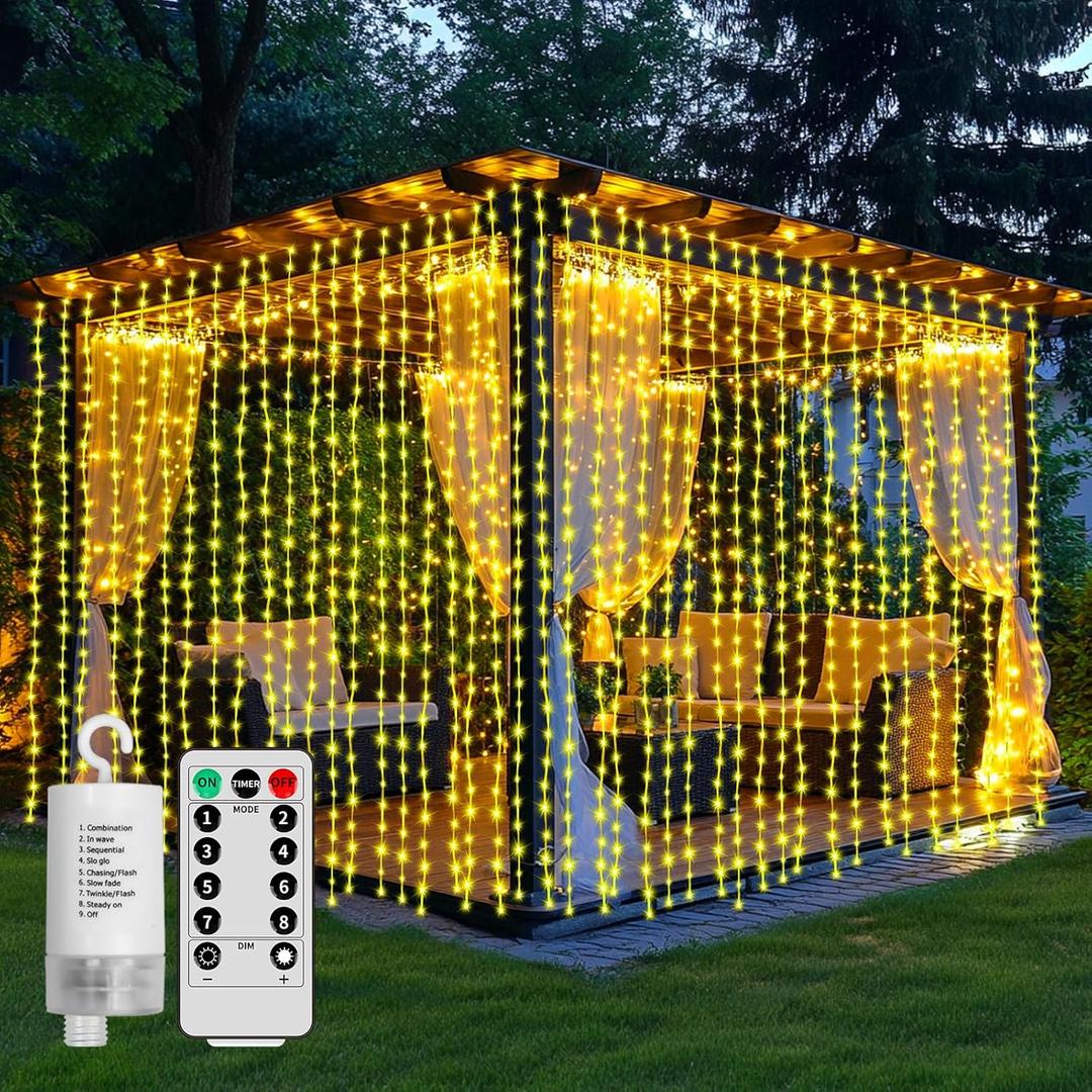 Curtain Lights Battery Operated 10 * 10Ft 300LED Waterfall Light with 8 Modes Remote Dimmable Timer Memory Waterproof Twinkle Fairy String Lights for Indoor Outdoor Backdrop Bedroom Pergola Christmas (Warm white 300LED)