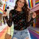 Pride Sheer Tops for Women LGBT Mesh Long Sleeve Top See Through Sexy Going Out Tee Love Wins Graphic Undershirt (Black, S)