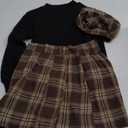 Clothes For Girls Skirt Pants Sets Long-Sleeved Round Neck Top Flannel Plaid Skirt Dress Beret Girls Outfit 3 Piece (7-8 Years, Brown + Black)