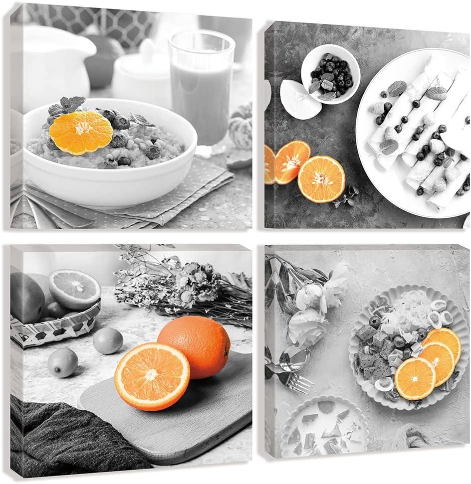 Kitchen Canvas Wall Art Black and White Food Prints Fruit Oranges Art Painting Pictures Abstract Still Life Artwork 4 Panels Framed Pictures