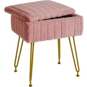 IBUYKE Stool Chair with Storage Space, Footrest Footstool Ottoman, Small Side Table, with 4 Metal Legs, with Anti-Slip Feet, for Makeup Room, Bedroom, Faux Fur, Pink LG-50P