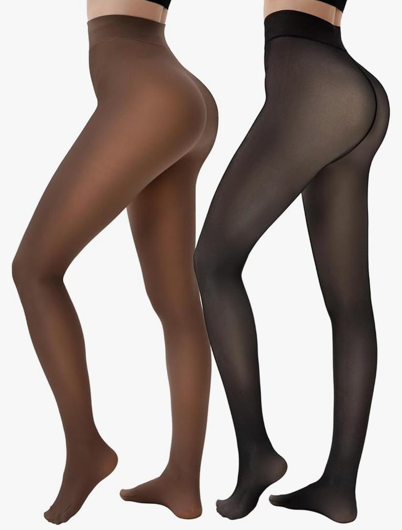 HONGTEYA 2 Pairs Fleece Lined Tights Women - Warm Sheer Pantyhose Fake Translucent Tights Winter Thermal Leggings, L, Blaack & Coffee