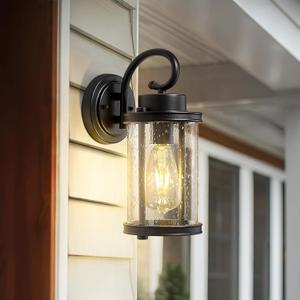 kudos Porch Lights, 12.5 inch Cylinder Outdoor Wall Light, E26 Sockets, Anti-Rust Waterproof Light Fixtures Wall Mount for Patio, Black with Seeded Glass, KDOWL01-BK