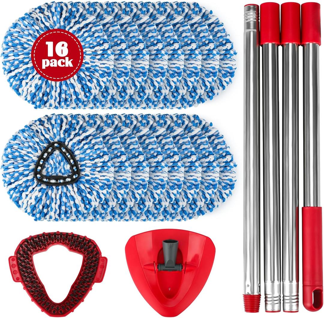 Spin Mop Replacement Set for O-Ceda RinseClean 2-Tank System, 16 Microfiber Spin Mops Refills,1 Scrubber Head,1 Triangle Spin Base,and(31-63in) Adjustable Handle Set Combo