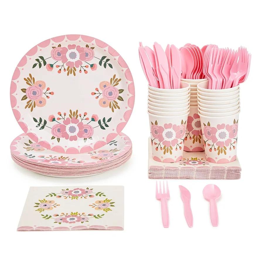 Blue Panda Vintage Floral Party Supplies Pack - Serves 24 - Includes Knives, Spoons, Forks, Plates, Napkins, and Cups