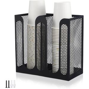 Maxcheck Metal Mesh Cup and Lid Holder Coffee Paper Cup Dispenser Lid Holder Storage Organizer Countertop or Wall Mount for Coffee Bar, Kitchen, Breakroom(2 Compartments, 8.2 x 4.1 x 7.9 Inch)