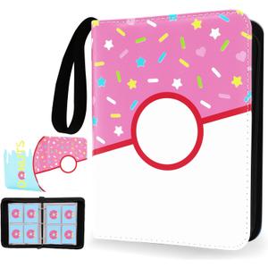 4 Pocket Card Binder 400 Card Holder Album, Pink Donut Trading Cards Holder Zipper Binder for Girl Teen Collection (Pink Donut, 400 Pocket)