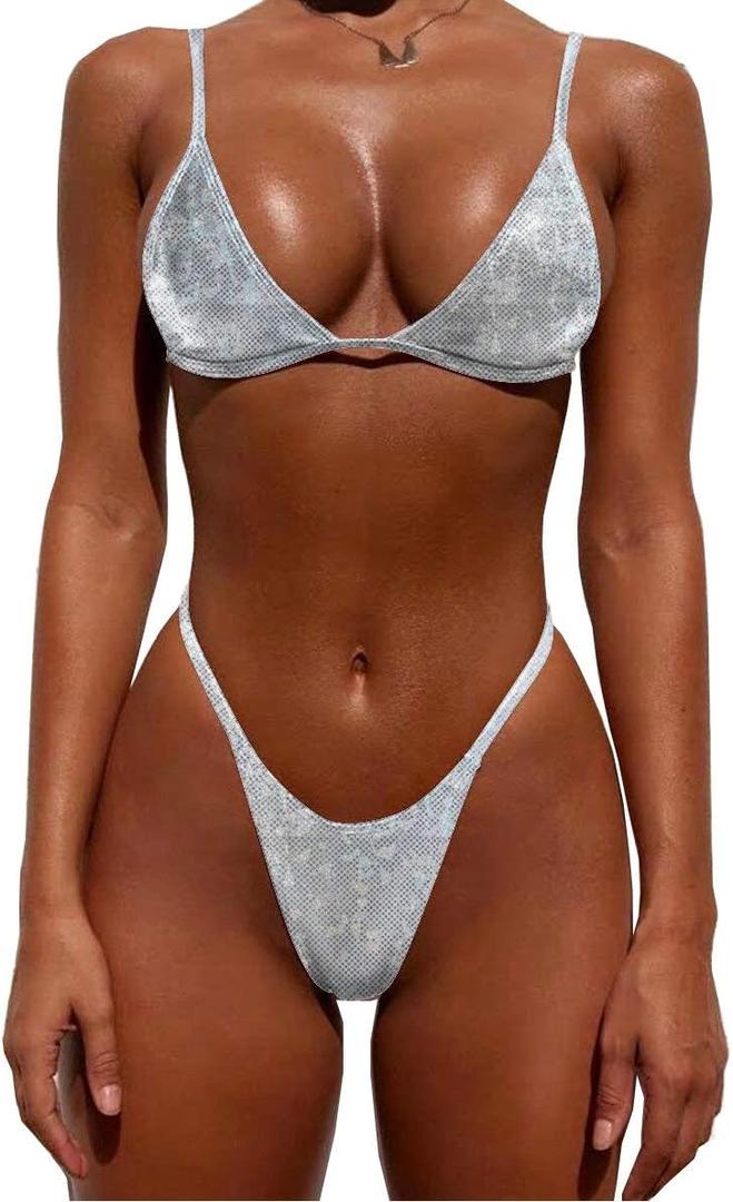 YAUASOPA Women Shiny Bikini Micro Sexy String Two Pieces Swimsuit Female Thong Swimwear (Small, Silver)