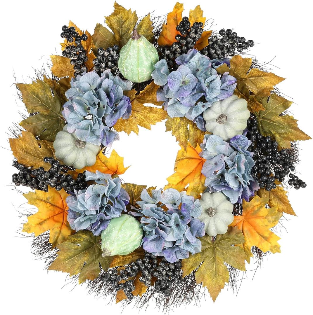 Fall Wreath, 24 Inch Blue Fall Wreaths for Front Door Decor - Rustic Berry & Pumpkin Outdoor Decorations