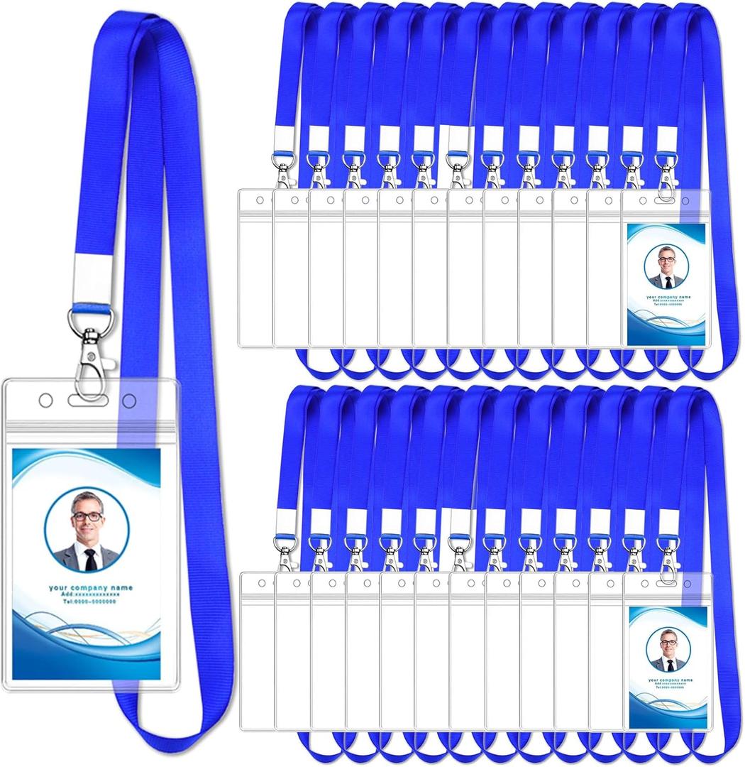 50 Pcs Teacher Lanyard with ID Holder, Vertical Name Badge Holders with Pack Lanyards, ID Card Holder with Lanyard for School Office Cruise (Blue)