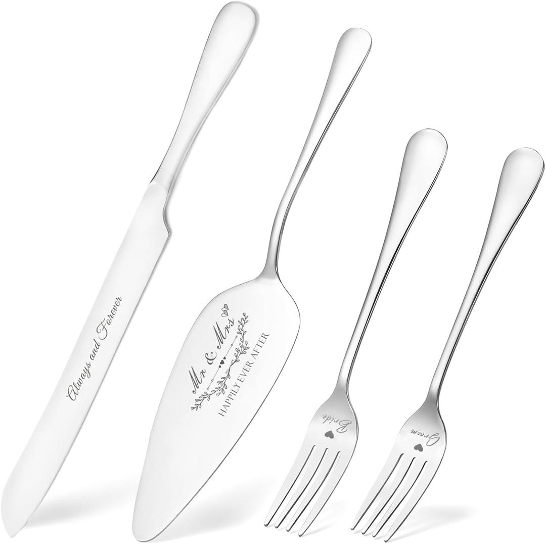 Wedding Cake Knife and Server Set, Silver Cake Cutting Set for Wedding, 4 Pieces Set with Forks for Engagements, Anniversaries, Bride and Groom