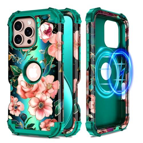 Hekodonk for iPhone 16 Pro Max Case Magnetic,[Compatible with MagSafe] Floral Three Layer Heavy Duty Drop Shockproof Full Protective Women Girls Case for Apple iPhone 16 Pro Max 6.9 inch,Green/Black