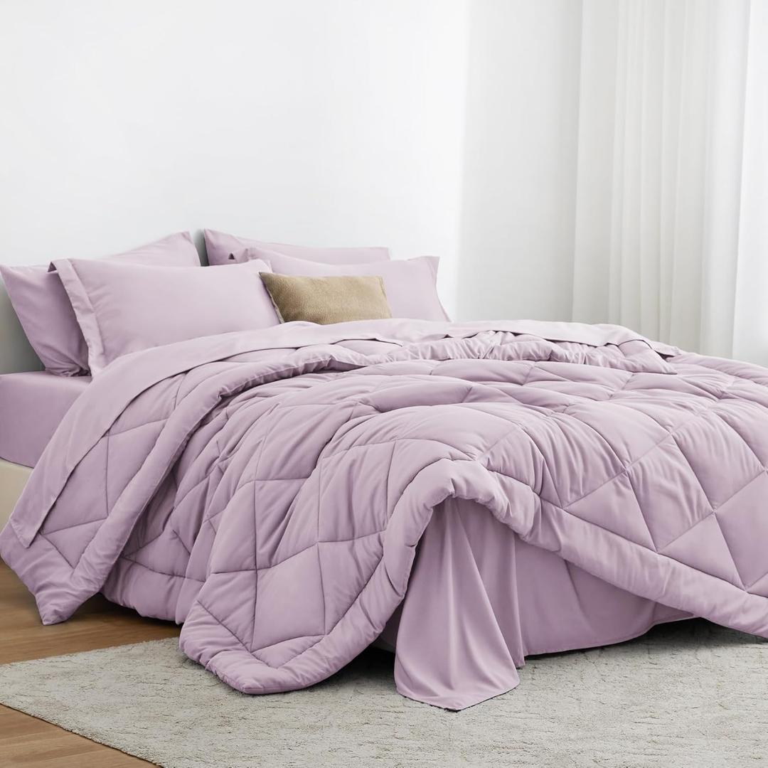 Love's cabin King Size Comforter Set Light Purple, 7 Pieces King Bed in a Bag, All Season Bedding Sets with 1 Comforter, 1 Flat Sheet, 1 Fitted Sheet, 2 Pillowcase and 2 Pillow Sham | Soft, Breathable, Lightweight, Comfortable