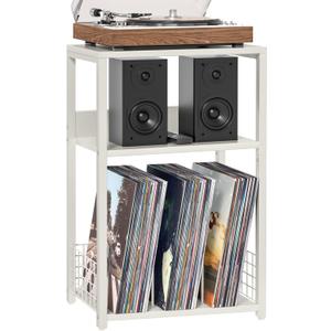 LELELINKY Large White Record Player Stand, 3 Tier 18" Wide Big End Table with Vinyl Storage Up to 130 Albums, Industrial Turntable Printer Tables, Modern Side Tables for Living Room, Bedroom, Office