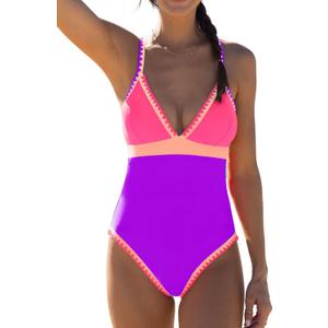 popvil One Piece Swimsuit 2025 Tummy Control Women Bathing Suit Shapewear Swimsuits Slimming Neon Cute Tie Back Swimwear (M)