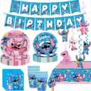 88PCS For Stitch Party Supplies: 6 Hanging Swirls, 20 Napkins, 20 Cups, 20 Plates 9 inch 20 Plates 7 inch, 1 Banner, 1 Tablecloth for Stitch Birthday Party Decorations