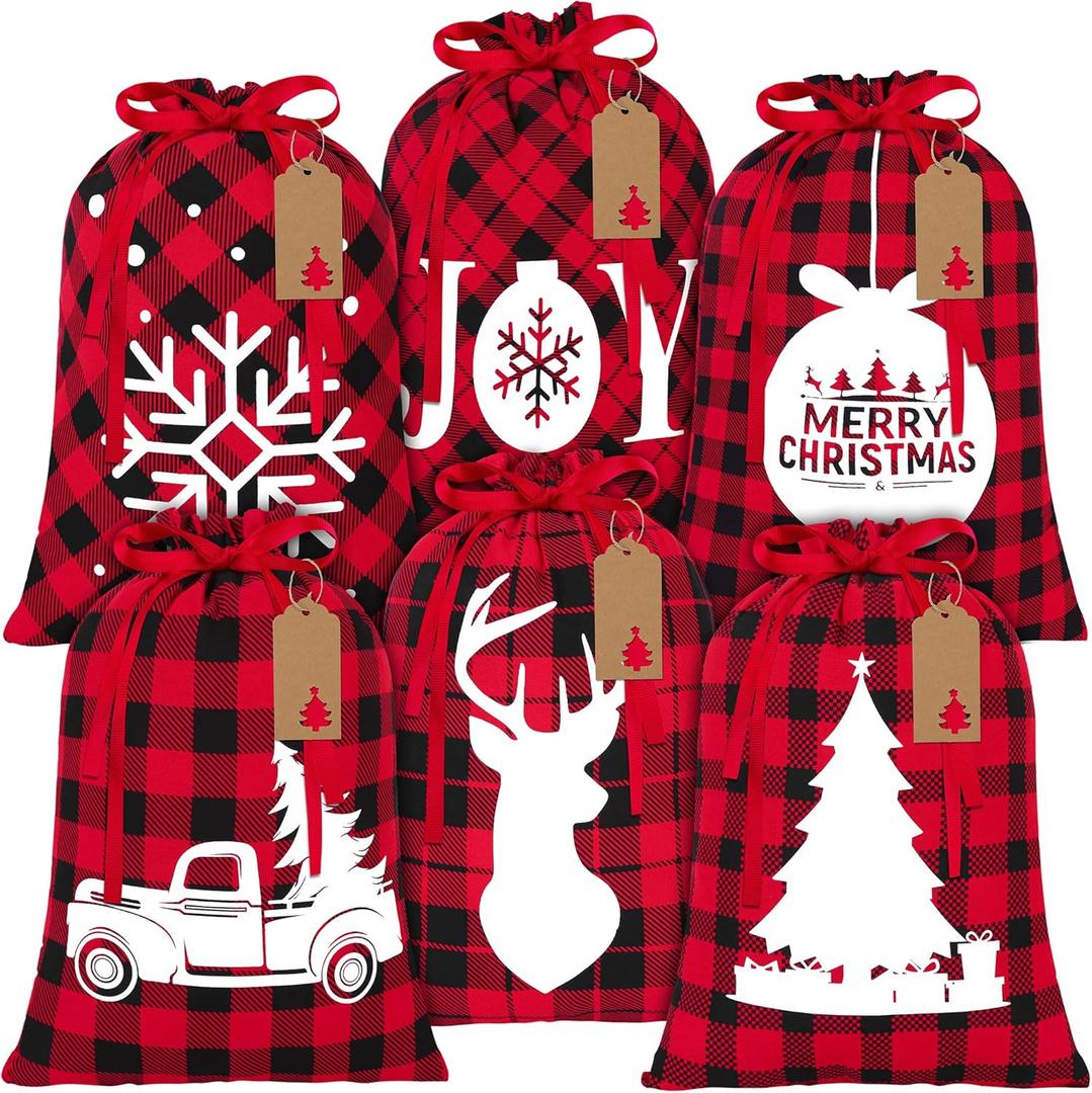 Aneco 6 Pieces Christmas Drawstring Gift Bags Red and Black Plaid Drawstring Bags with 24 Kraft Paper Tags and 16 Feet Rope Cotton Xmas Gift Bags for Christmas Party Supplies, 16 x 12 Inch