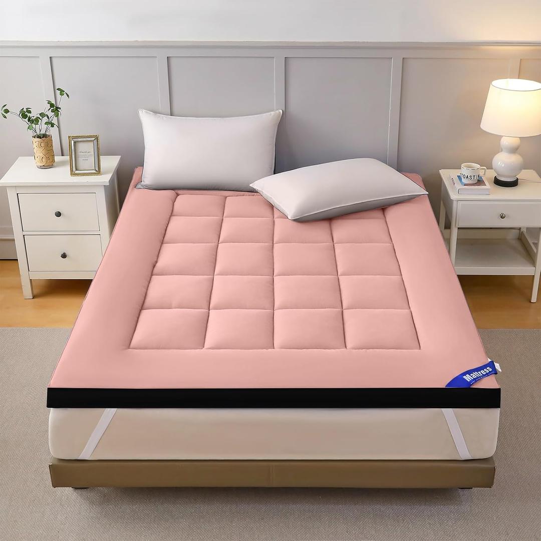 Shatex 2.5 inch Twin Mattress Topper, 800 GSM Ultra Soft Mattress Pad for Back Pain Relief, Breathable and Cloud-Like Cooling Bed Topper for Hot Sleepers, Pink & Black