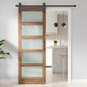 FREDBECK 28 x 84 inch Glass Barn Door with 5 FT Barn Door Hardware Kit & Handle Included,5-Panel Frosted Glass,LVL Wood Panel,Water-Proof PVC Surface,Pre-Drilled Holes,Need Assembly