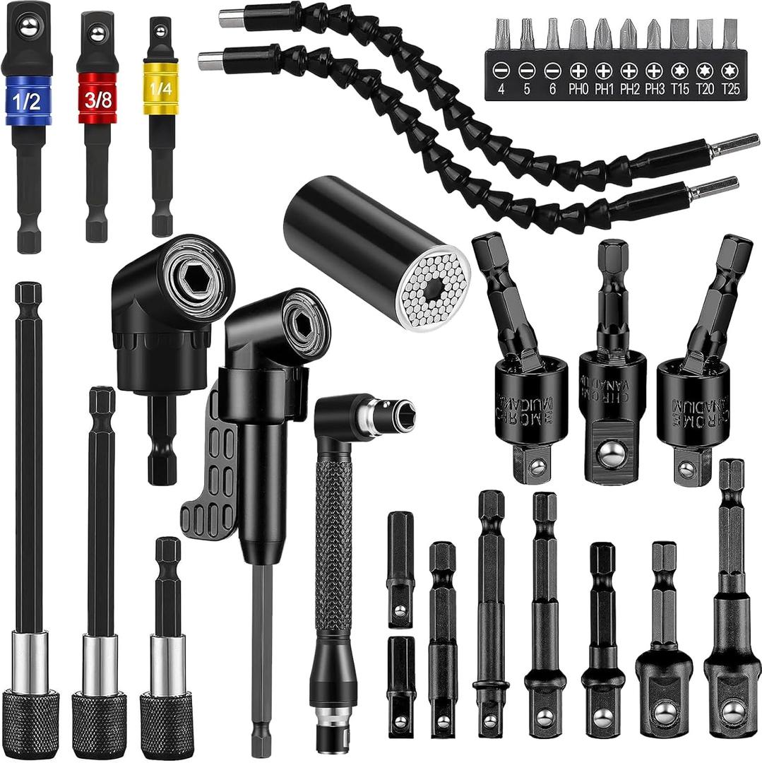 Flexible Drill Bit Extension Set, Include 1/2 3/8 1/4 inch Universal Socket Adapter & 105 Right Angle Drill 3pcs Drill Bit Holder & Universal Socket Grip & Screwdriver Bit Kit (32 Pcs Black)
