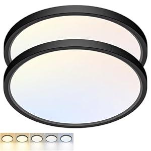 Fairdeer 2 Pack LED Flush Mount Ceiling Light, 15Inch 30W, 3000K/ 3500K/ 4000K/ 5000K/ 6500K 5 Color Temperatures Ceiling Light Fixture for Kitchen Porch Hallway Bedroom Bathroom and Closet, Black