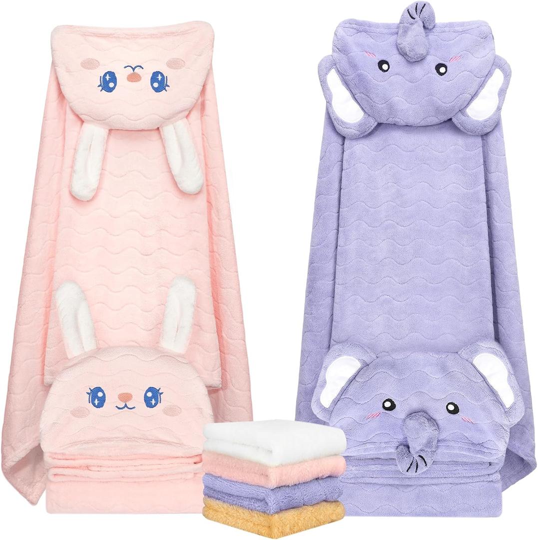 6 PCS Toddler Bath Towel Set for Boy Girl 0-5 Year, 2 PCS Thick Absorbent Hooded Baby Bath Towels Large 55" x 27.5" & 4 PCS Washcloths, Ultra Soft Gifts for Infant, Toddler, Kids, Rabbit & Elephant, 27.5 x 55in