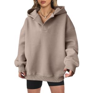 ANRABESS Womens Oversized Hoodies V Neck Sweatshirts Fleece Long Sleeve Pullover Y2K Clothes 2025 Fall Trendy Outfits (Medium, Coffee Grey)