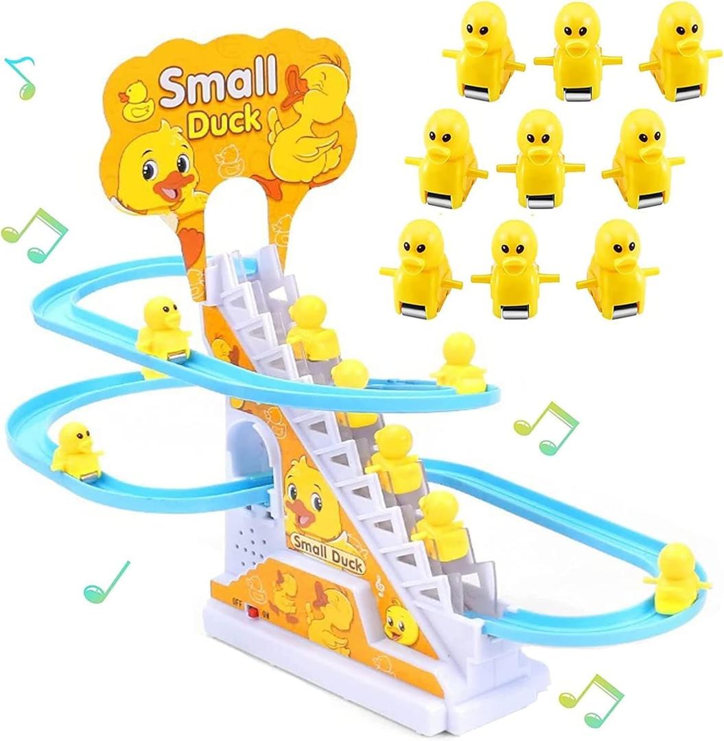 Small Ducks Climbing Toys, Electric Ducks Chasing Race Track Game Set, Playful Roller Coaster Toy with 9 Duck LED Flashing Lights & Music Button, Fun Duck Stair Climbing Toy for Children and Kids (A)