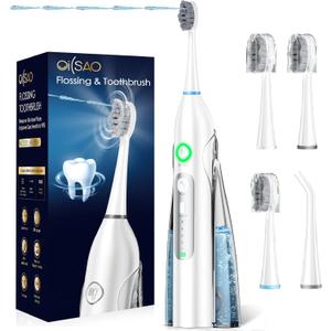 Electric Toothbrush with Water Flosser, 3 Sonic Modes, 5 Flossing Speeds with 3 Brushes + 1 Nozzle, Portable Flossing Toothbrush Combo for Adults Teeth Cleaning Kit for Plaque Removal,White