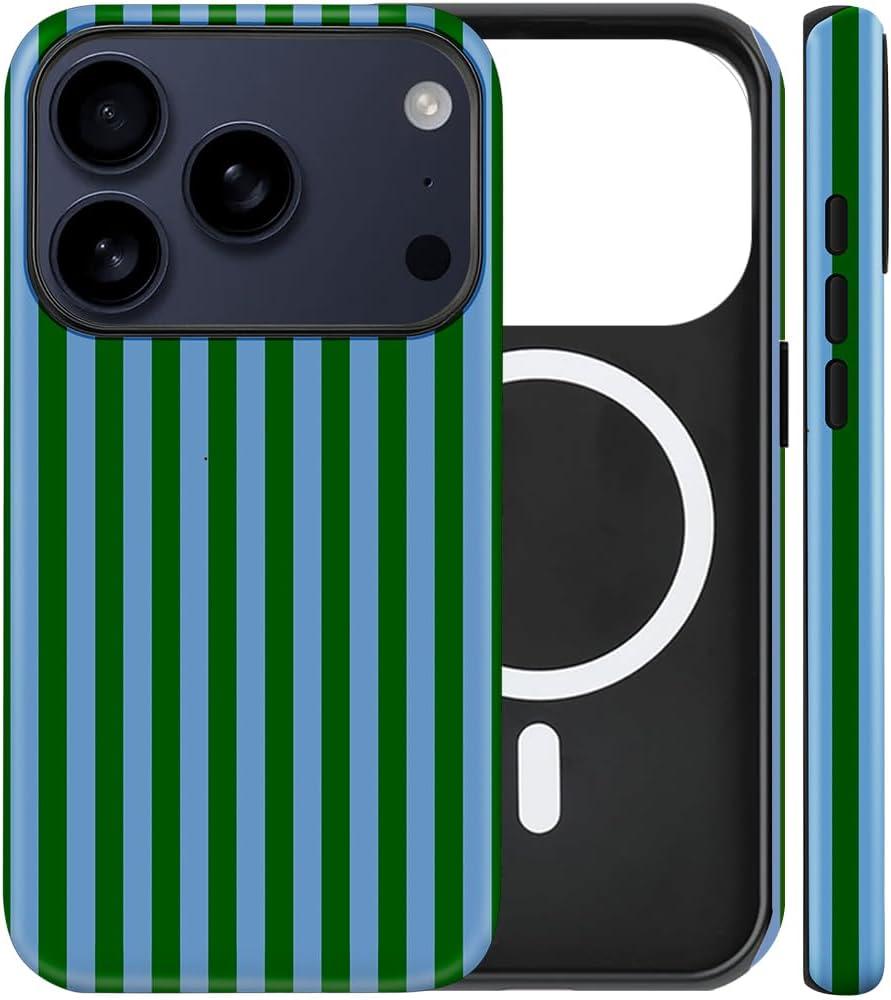 Magnetic for iPhone 17 Pro Case Cute Stripes Phone Case, Shockproof Slim TPU and Hard PC Protective Phone Cover Compatible with MagSafe Designed for Women Girls, Green and Blue