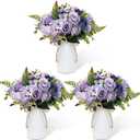 Dining Table Centerpiece Sets 3 Artificial Rose Bouquet with Vase - Farmhouse 6 Pcs Silk Flowers and 3 Pcs Metal Pot Small Faux Floral Arrangements for Wedding Party Home Kitchen Bathroom Dcor, Lilac