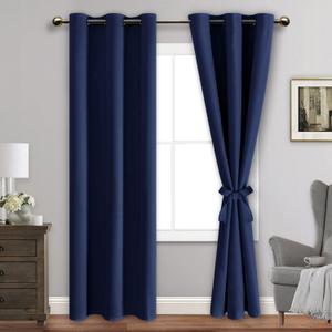 JIUZHEN Blackout Curtains with Tiebacks - Thermal Insulated, Light Blocking and Noise Reducing Grommet Curtain Drapes for Bedroom and Living Room, Set of 2 Panels, 42 x 84 Inches Long, Navy Blue