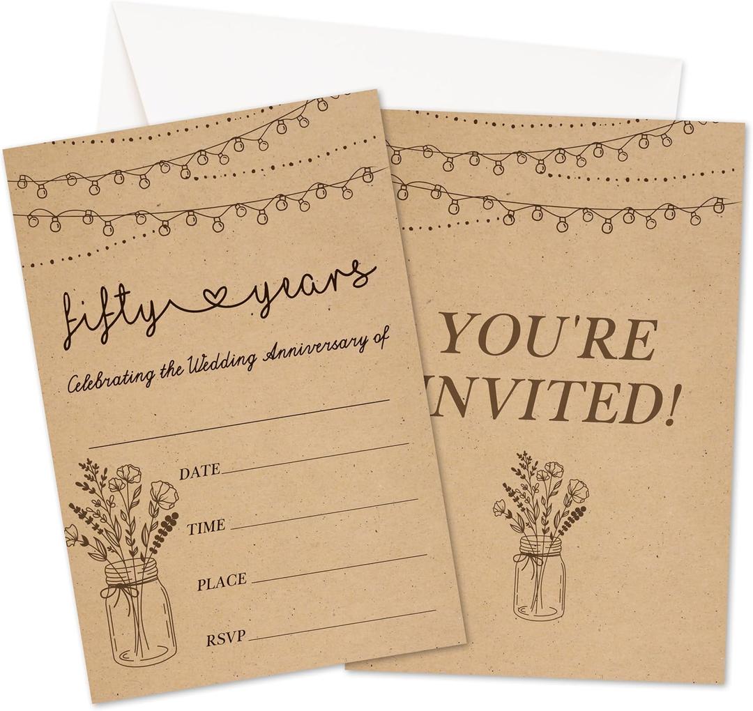 50th Wedding Anniversary Invitations, Minimalism Wildflowers Banquet Party Invites With Envelopes For Couple, 50th Anniversary Party Celebration Decorations Supplies, 25 Pack -A02