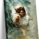 Danseed Hand Of God Reaching Lnto Water Canvas Wall Art Christianity Jesus Saves Wall Decor Pictures Blue Ocean Bible Posters Prints for Living Room Bedroom Church Prayer Room Decoration (16"L x 12"W)
