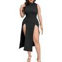 SILUI Women's Mock Neck Ribbed Knit Sexy Double High Slit Dress Plus Size 2025 Fall Going Out Long Midi Dresses Black, XL