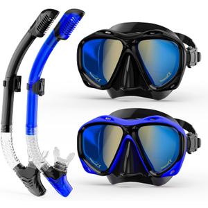 Snorkeling Gear for Adults, Dry Snorkel Mask Set Blue Electroplated Wide View Anti-Fog Scuba Diving Mask Goggles, Professional Snorkel Gear with Carry Bag for Adults Swimming, Diving