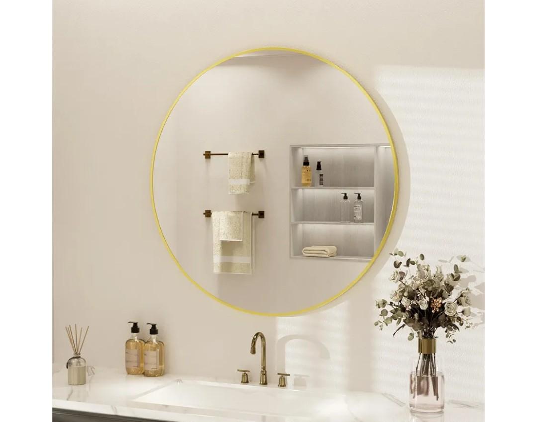 Round Bathroom Mirror 24 inch, Gold Framed Tempered Glass Circle Wall Mirrors, Circular Hanging Wall Mounted Aluminum Alloy Frame for Living Room,Vanity,Entryway