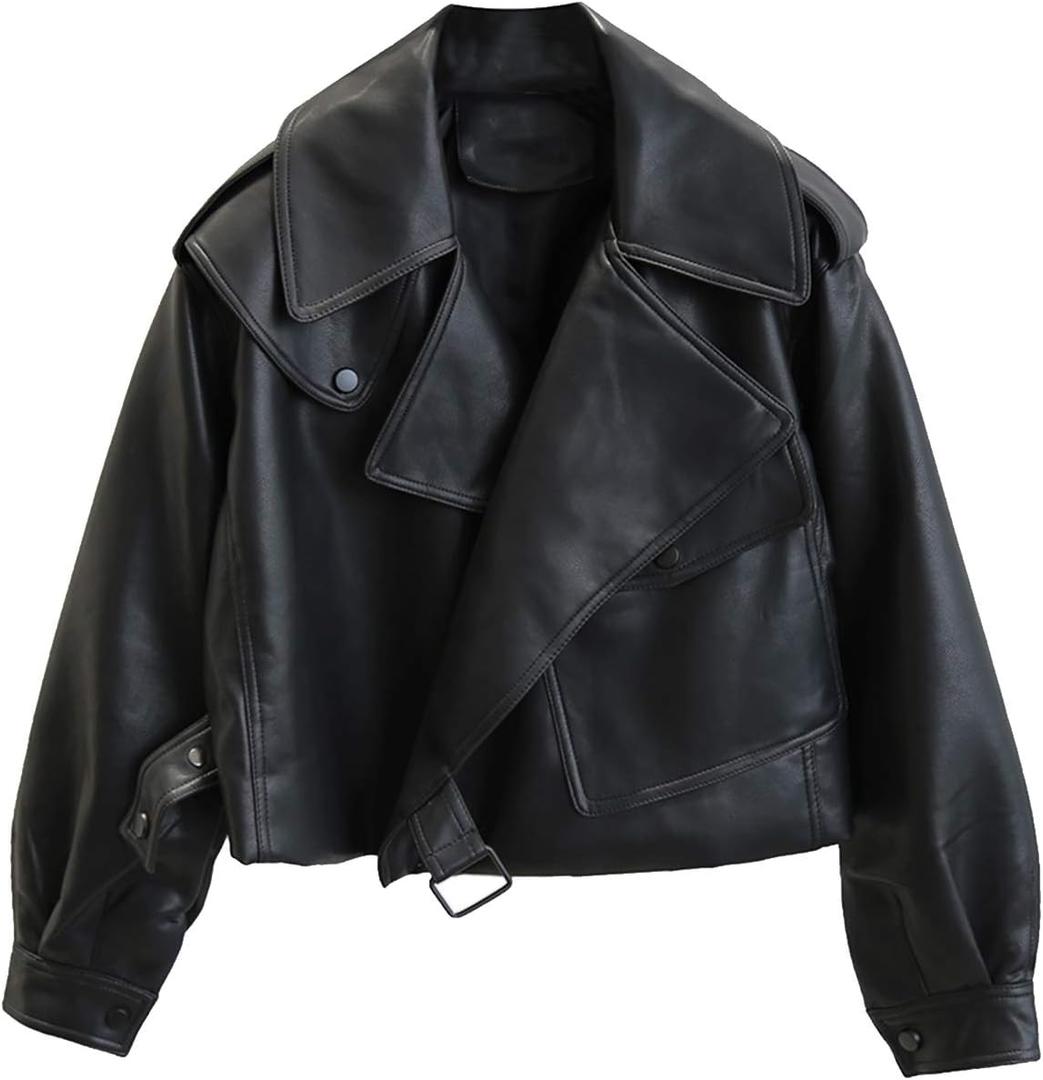 LY VAREY LIN Women Black Faux Leather Jackets Casual Short Oversized Coat Asymmetrical Motor Biker Jacket (Medium)