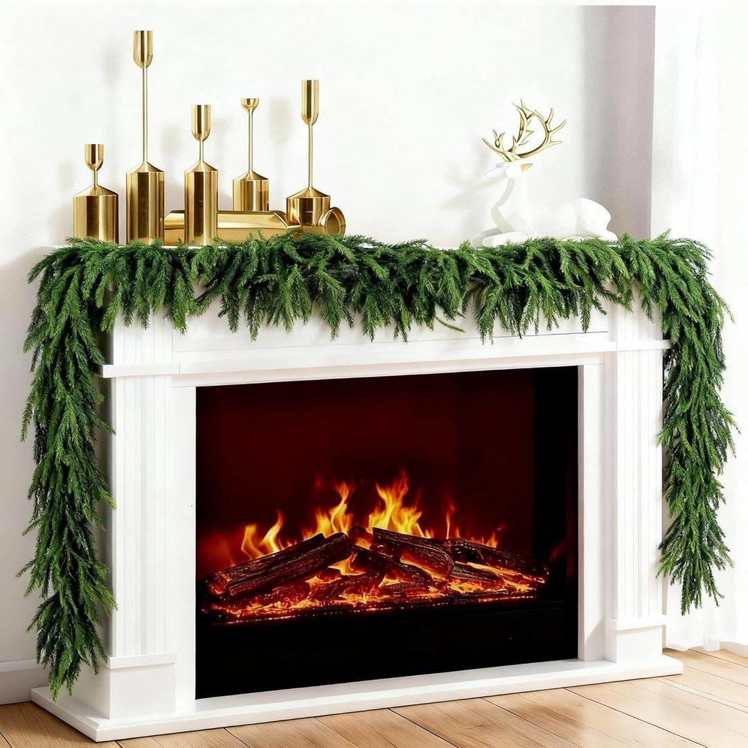 2 Pack Christmas Norfolk Pine Garlands 9FT, Real Touch Artificial Greenery Garland Full Evergreen Pine Garland for Mantle, Fireplace, Table, Wall, Stairs & Outdoor Holiday Décor