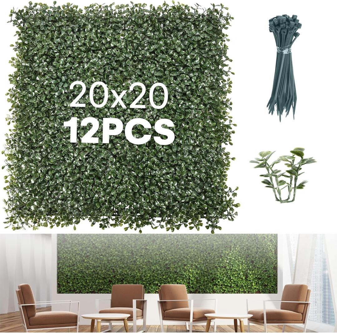 Grass Wall Panels 20 x 20 (12 Pack) UV-Protected Artificial Boxwood Hedge Greenery Backdrop Covers 33.33 sq ft, Indoor/Outdoor Privacy Fence Screen, Zip Ties & Spare Leaves Included